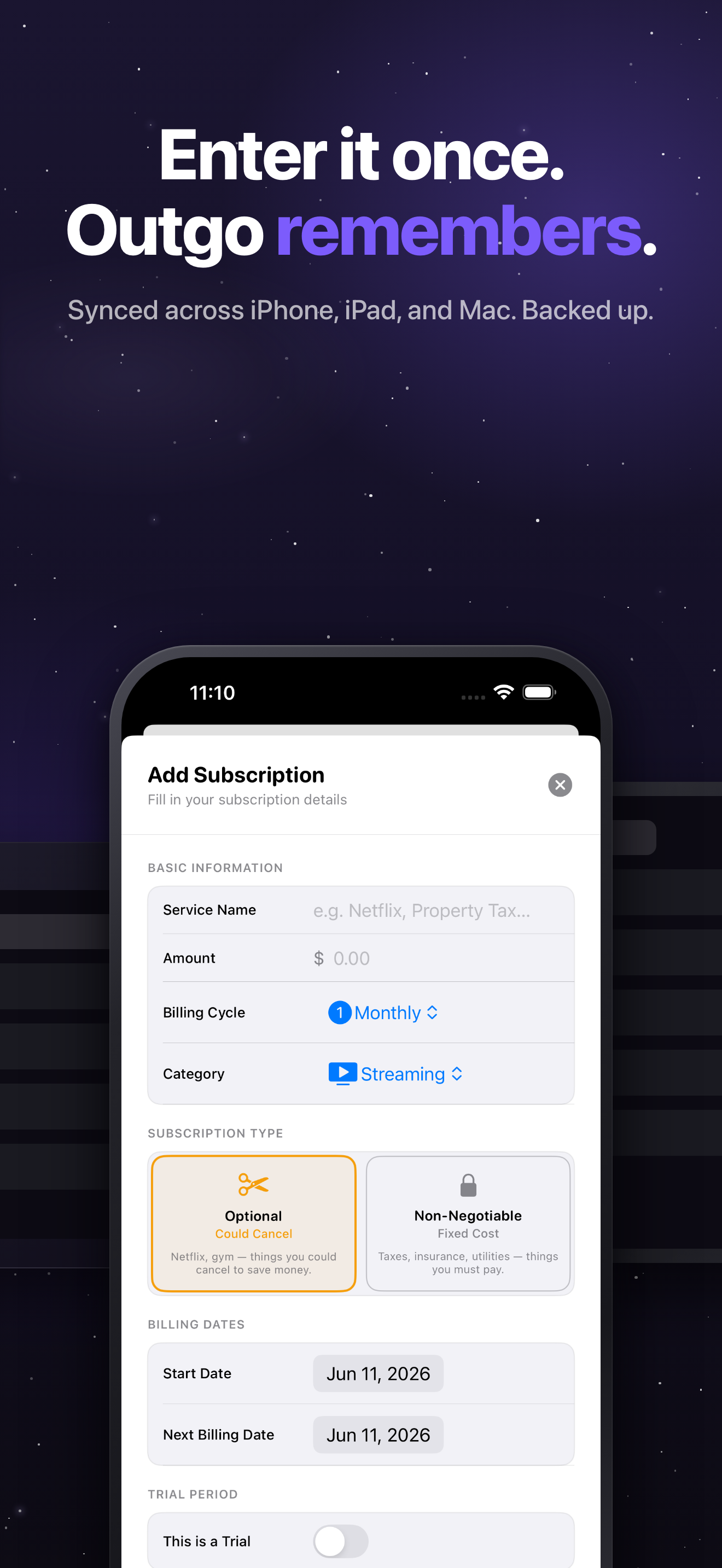 Outgo App Store screenshot: Enter it once, Outgo remembers.