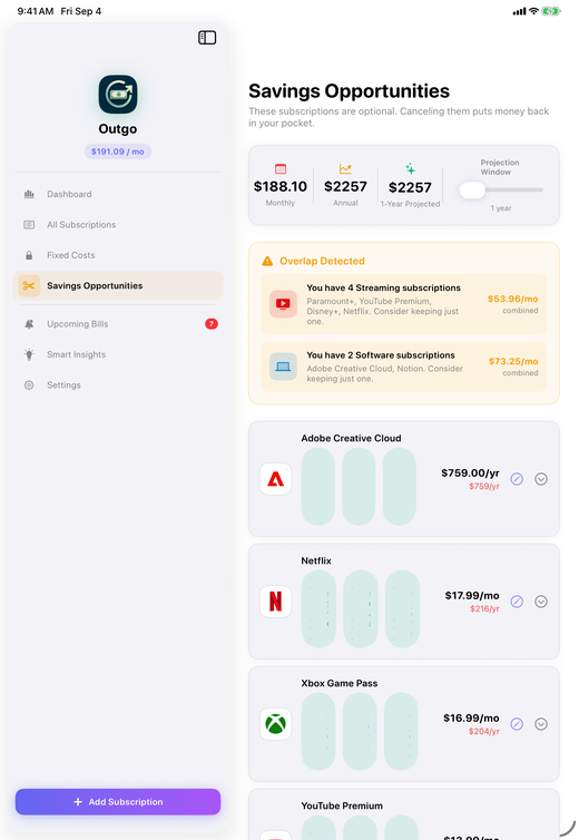 Outgo savings opportunities on iPad showing optional services with one, three, and five year projections and an overlap suggestion.