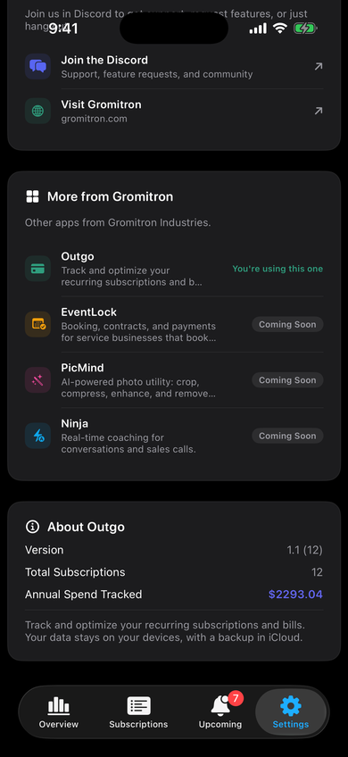 Outgo Settings with budget goal, reminder timing, custom categories, appearance, and the app version line.