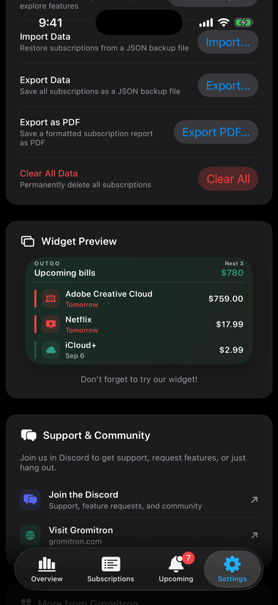 Outgo Settings showing the live widget preview with the next three upcoming bills, above import, export, and PDF options.